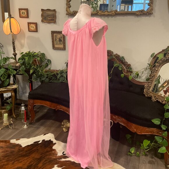 Vintage‎ Lace & Sheer Layered Slip Dress Tie-Neck Cap Sleeve Size L Pink - Picture 2 of 6